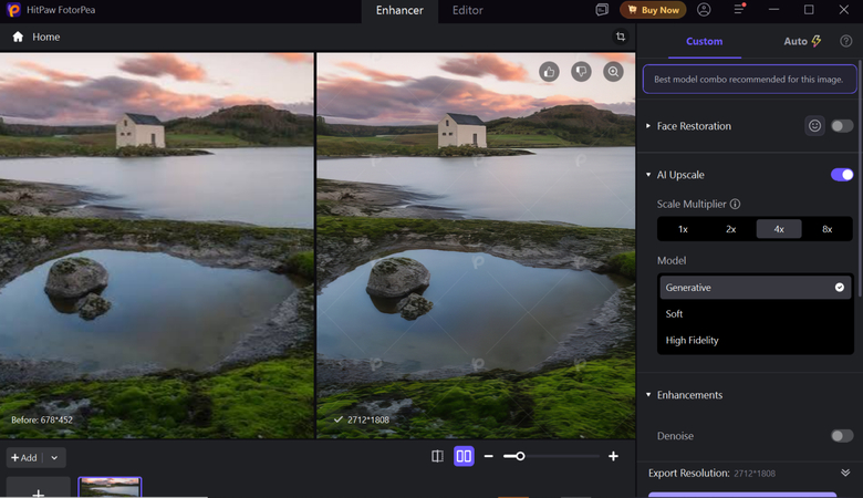 Final side-by-side preview and export button in HitPaw FotorPea photo editing software