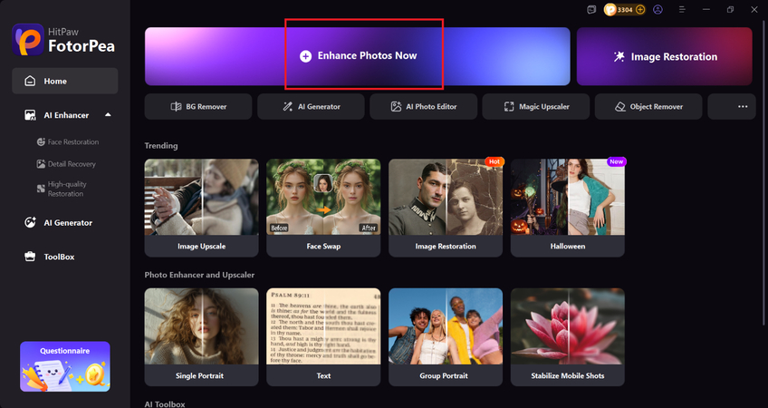 open hitPaw and choose enhance photos now