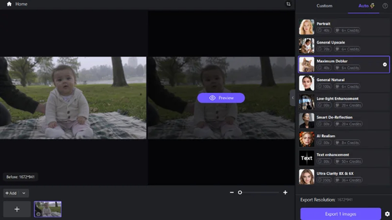 maximum deblur ai model selected to enhance baby photo