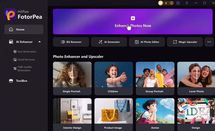 HitPaw FotorPea AI Enhancer interface on the home screen
