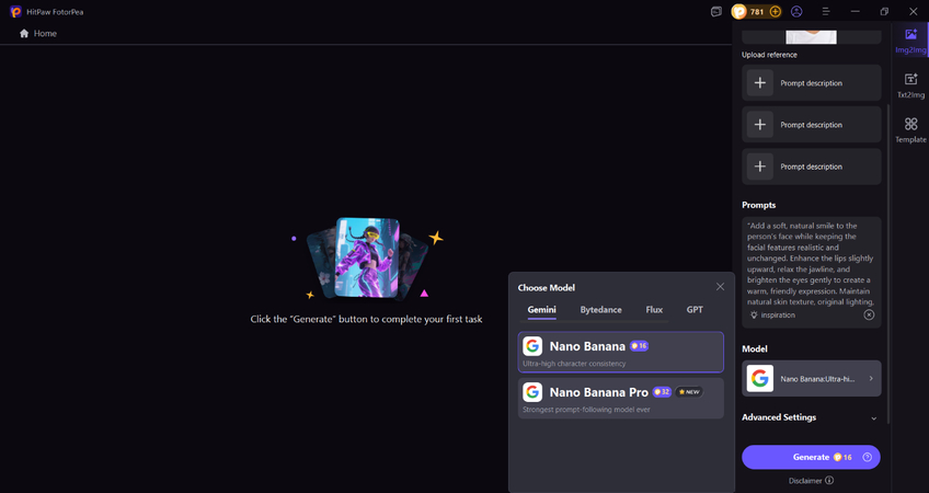 choose ai model to click generate