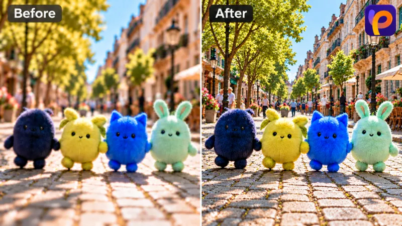 blurry and sharpened views of four colorful plush toys