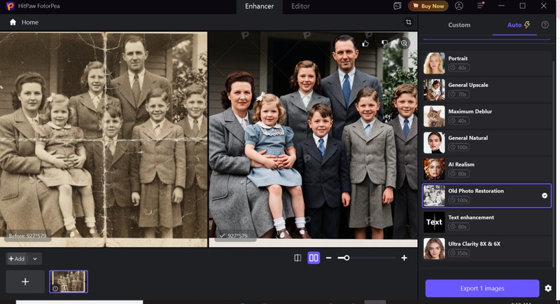 Comparing the original creased photo with the AI-restored output inside HitPaw FotorPea before exporting.