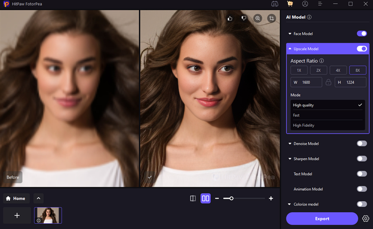 معاينة صورة تم تكبيرها بالذكاء الاصطناعي في HitPaw FotorPea قبل التصدير