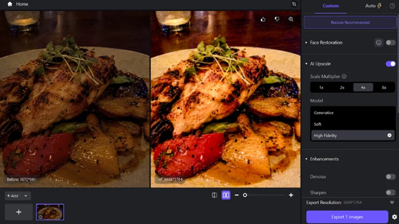 previewing enhanced food photo before saving