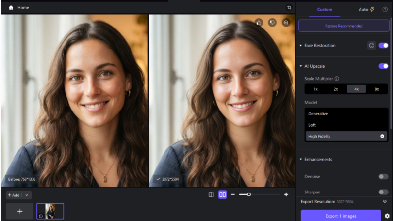 compare original and enhanced images before final export