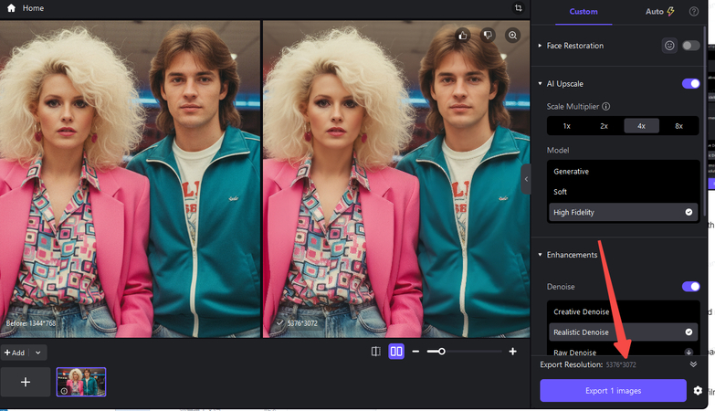 Preview and export an enhanced AI-generated 80s photo