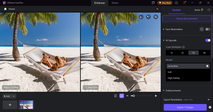 Side-by-side before and after comparison of an enhanced family beach photo in HitPaw FotorPea.