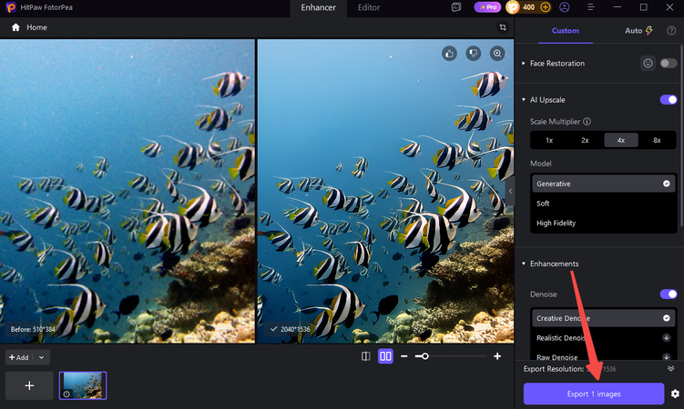 Preview and export an enhanced image in HitPaw FotorPea