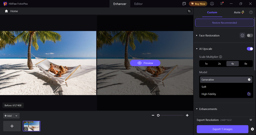 Choosing the appropriate AI model in HitPaw FotorPea to fix beach lighting and facial details.