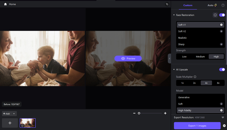 Selecting AI enhancement model for newborn family photos restoration