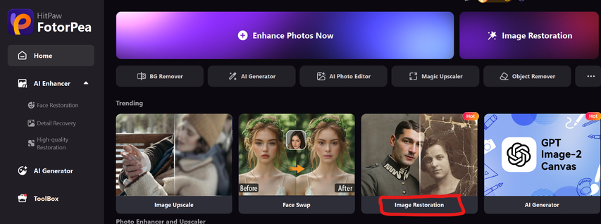 HitPaw FotorPea old photo restoration interface