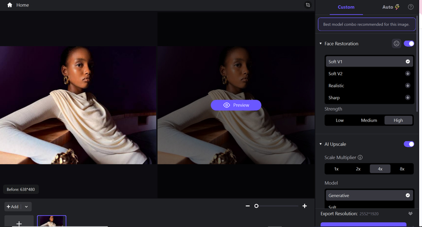 Selecting AI Face Model settings in HitPaw FotorPea interface