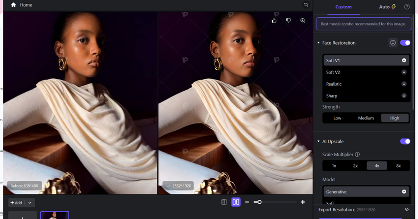 Previewing side by side comparison and exporting enhanced portrait image
