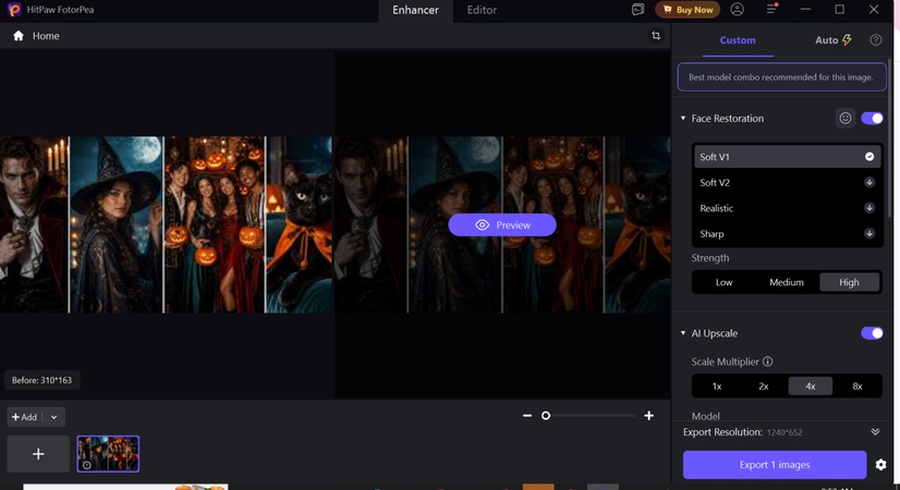 Screenshot displaying the selection of AI models to fix blurry Halloween photos.