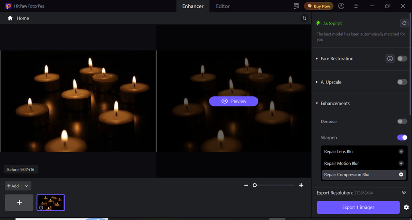 Selecting AI low light enhancement model in HitPaw FotorPea settings