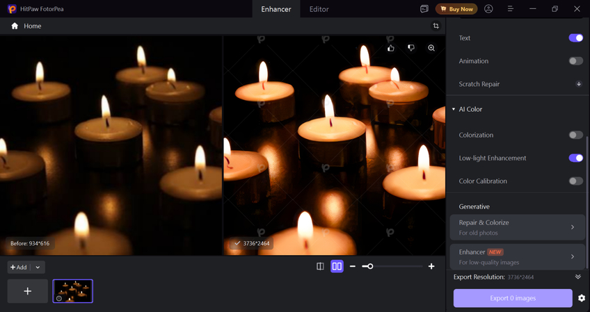 Side by side comparison of dark original and AI brightened candlelight photo