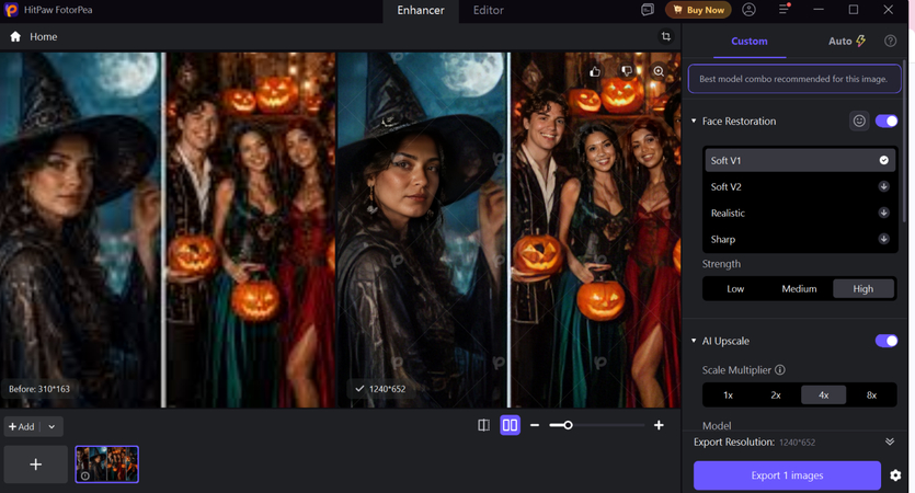 Screenshot showing the preview and export window for the enhanced Halloween photo.