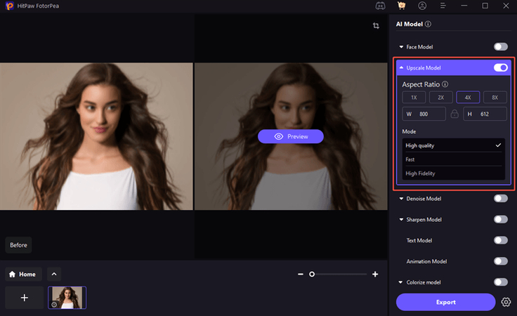 تحميل صورة منخفضة الدقة إلى Upscale Model في HitPaw FotorPea