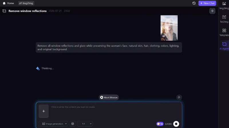 uploading a reflected photo and entering a removal prompt