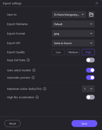 export settings operation interface