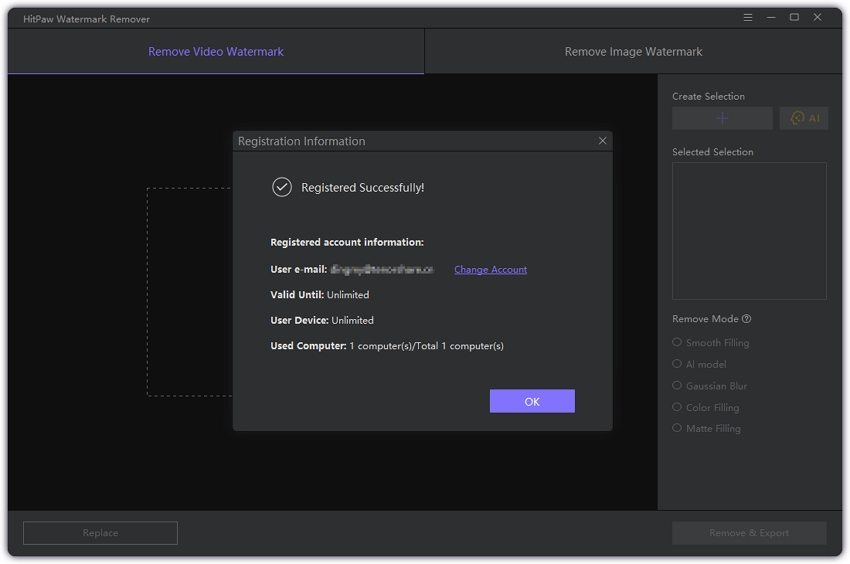 HitPaw Watermark Remover register success