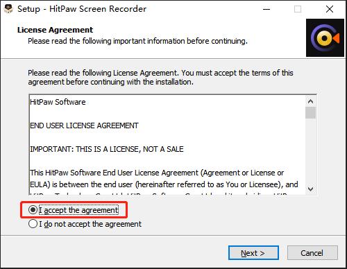 HitPaw screen recorder install to accept the agreement