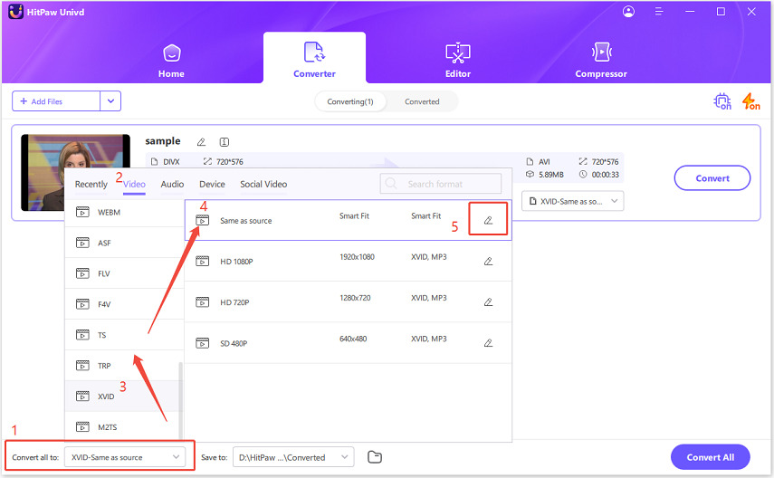 choose to convert divx to xvid format