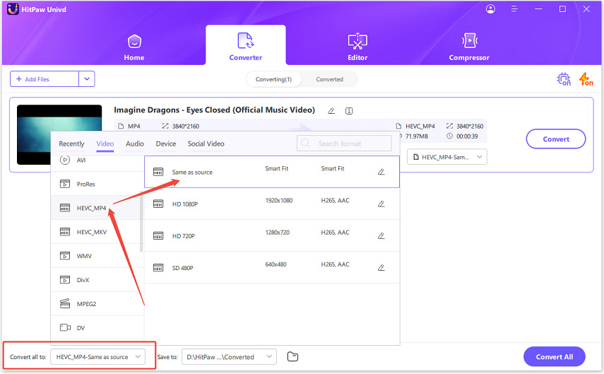 choose to convert mp4 to hevc