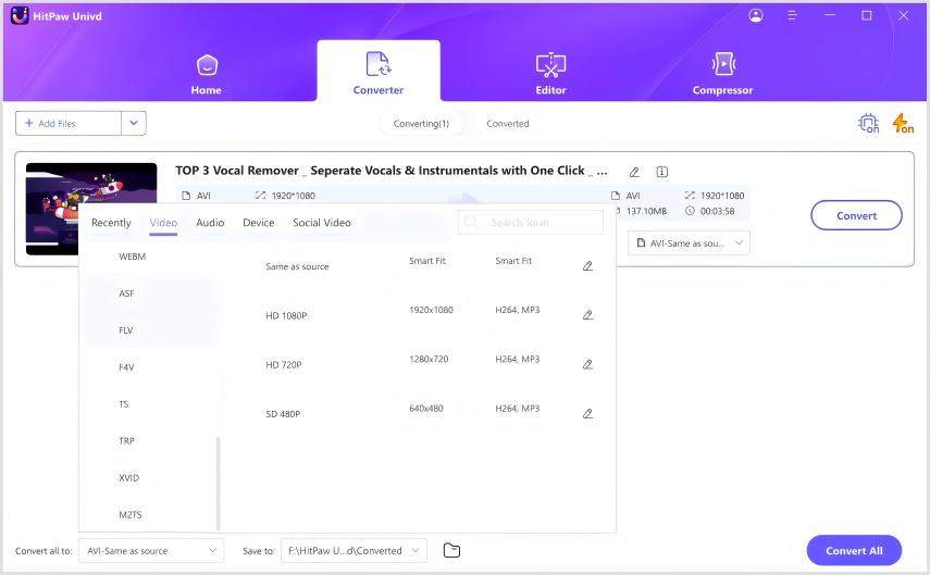 출력 형식으로 flv 선택