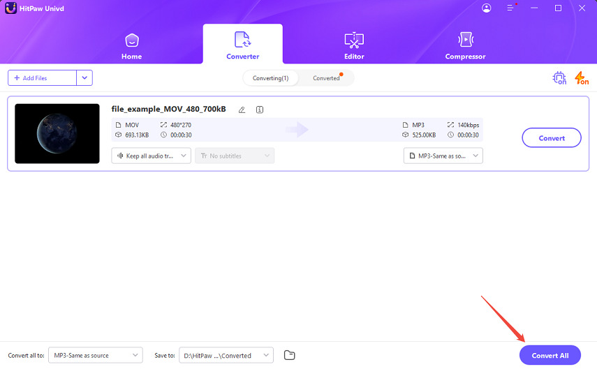 click the convert all to convert mov to mp3