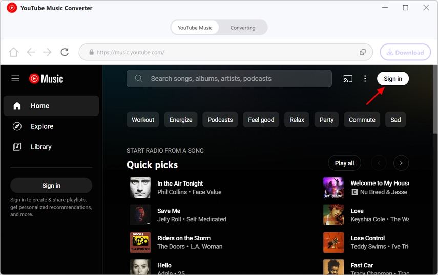 log in to youtube music account