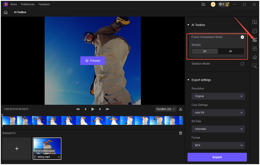 choose frame interpolation model in ai toolbox