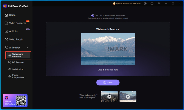 Selecting watermark removal from the main interface