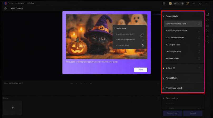 Select AI enhancement model in HitPaw VikPea for video improvement