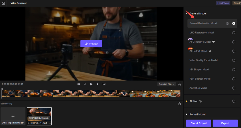 HitPaw VikPea AI enhancement model selection for food vlog video