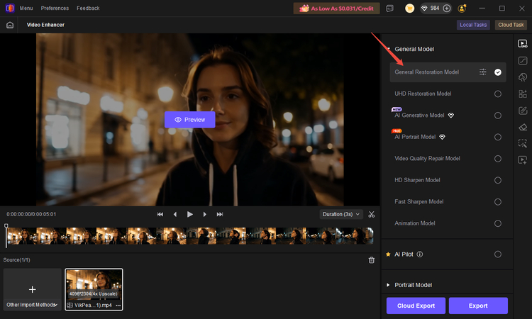 Choose an AI model in HitPaw VikPea for video enhancement