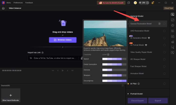 Select AI models in HitPaw VikPea for video enhancement