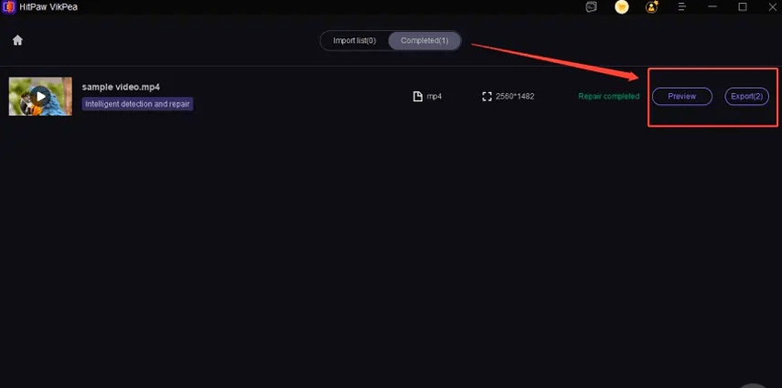 Previewing and exporting the repaired video in HitPaw VikPea