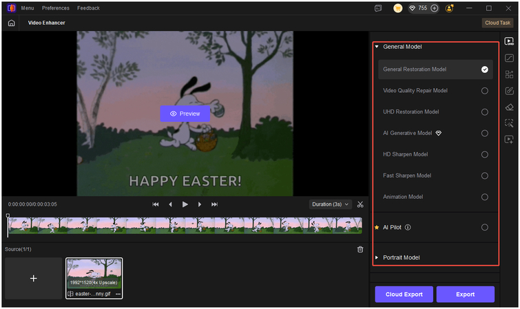 select ai model to enhance easter gif