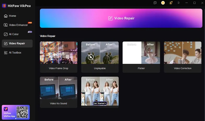 Selecting a repair or AI enhancement mode in HitPaw VikPea