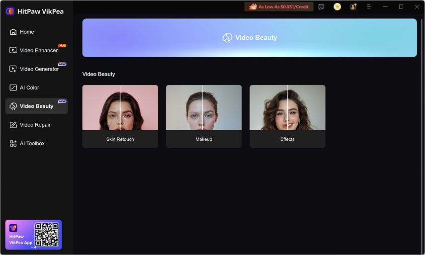 HitPaw VikPea video beauty interface