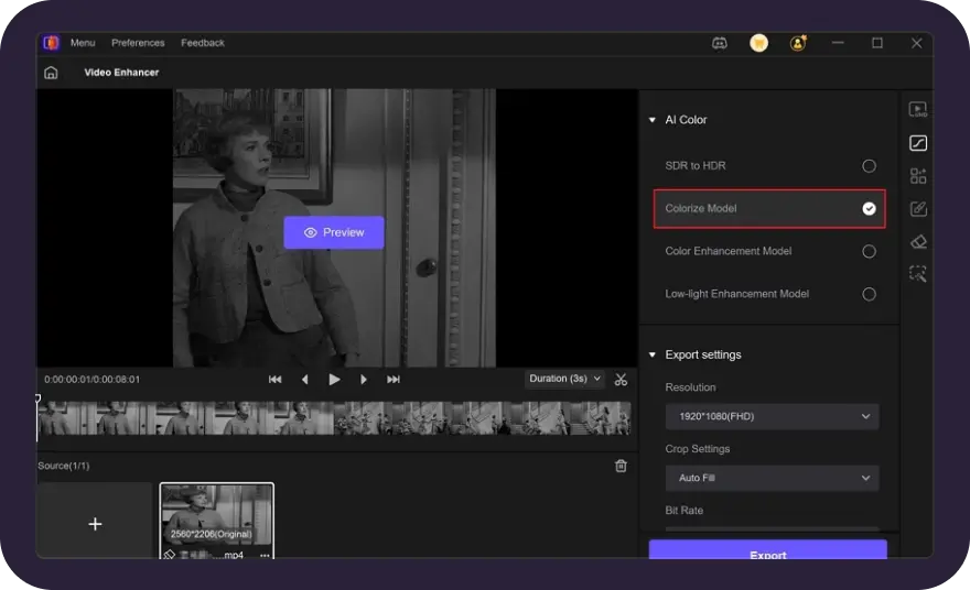 select ai model to colorize video