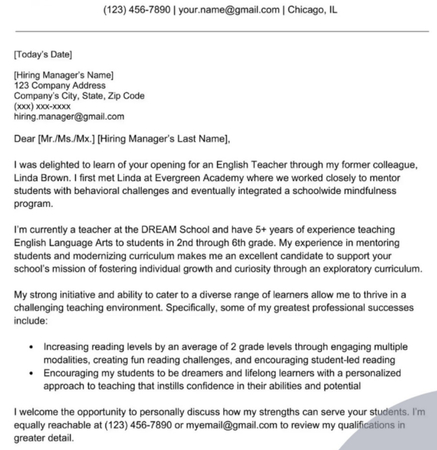 build cover letter for teachers