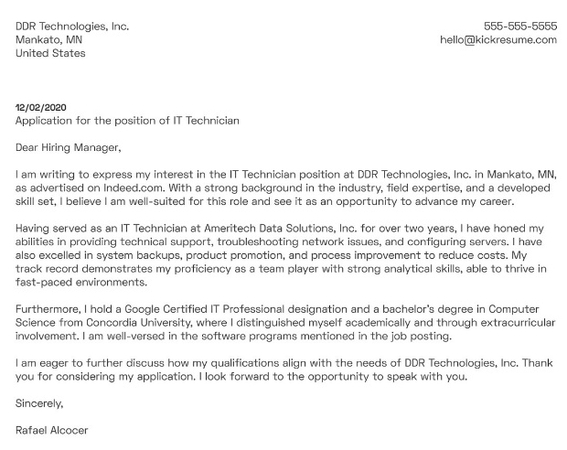 create cover letter it tech employee