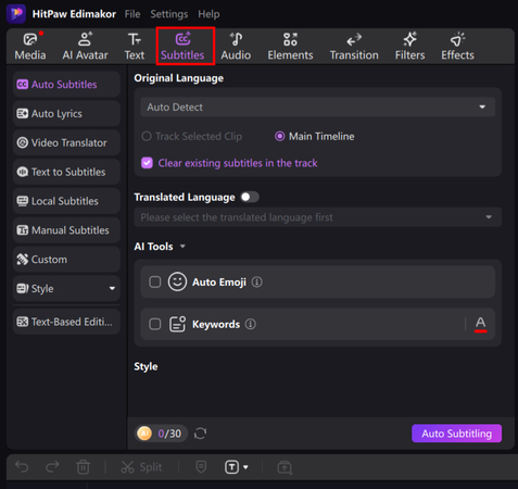 add ai subtitles text and effects in your edimakor project