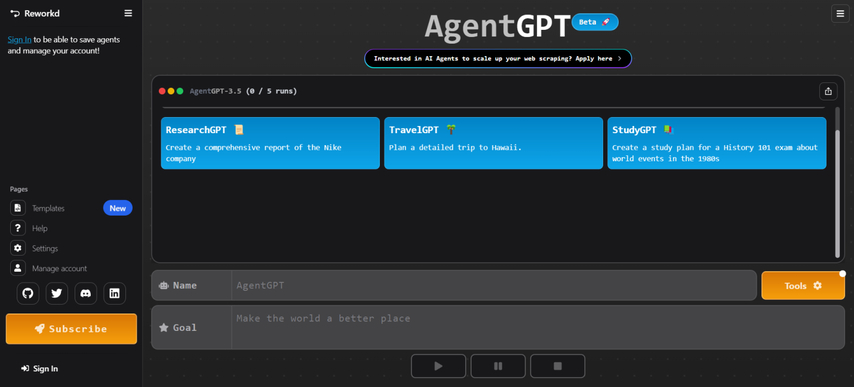 agentgpt best browser based no code ai agent experience