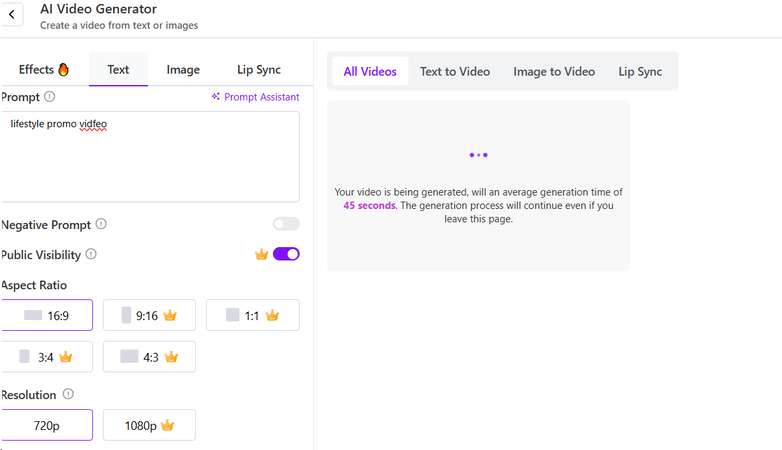 AI video creation features including lip sync, text, and image generation