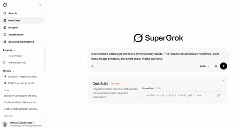 أدخل فكرة ومتطلبات تفصيلية في Grok 4.5