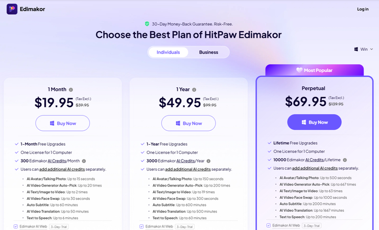 HitPaw Edimakor pricing plans and free version comparison